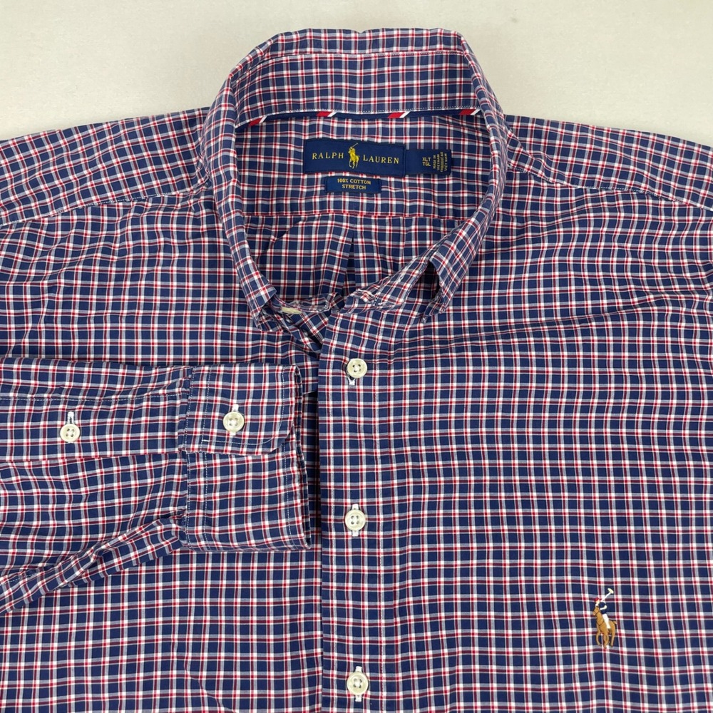 Ralph Lauren Mens XLT Tall Plaid Button Down Shirt Blue Red Cotton Stretch Pony